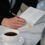 Dłoń zapisująca notatki w dzienniku obok czarnej kawy w domu